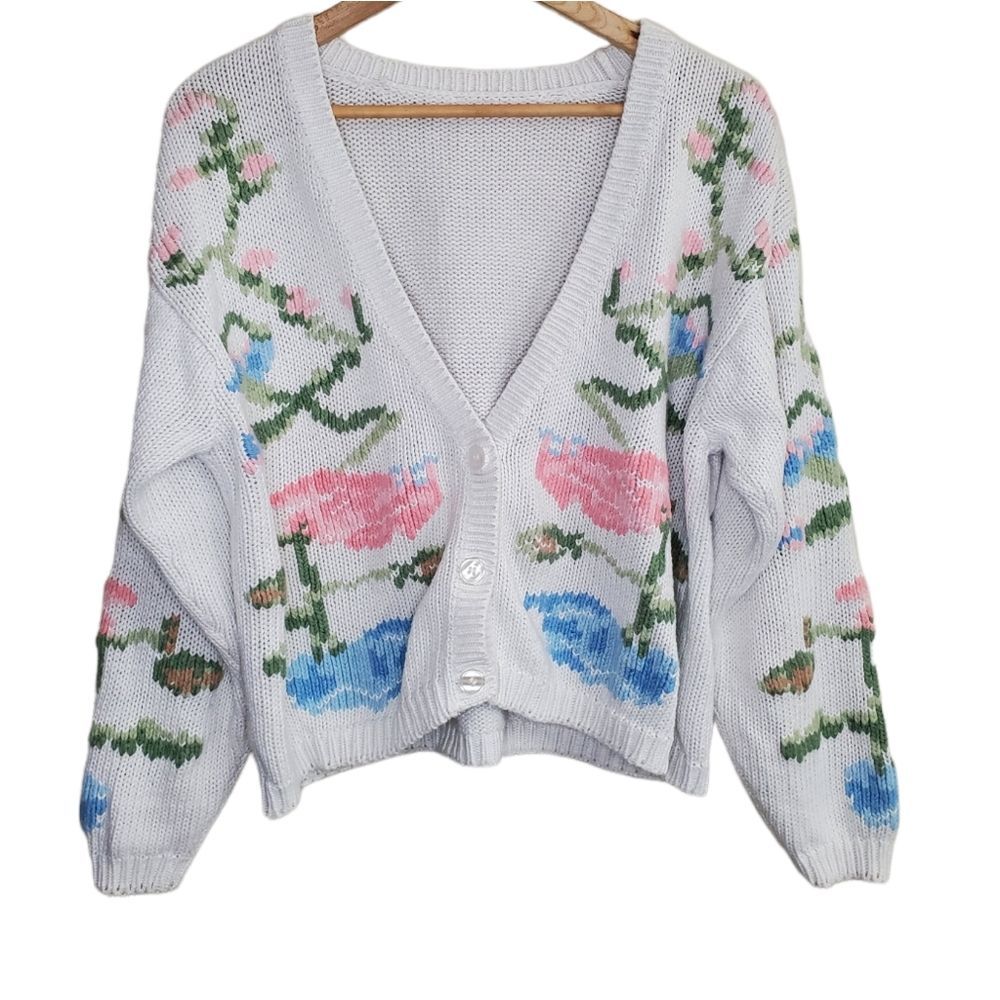 Cardigan White Chunky Floral Hand Knit Large